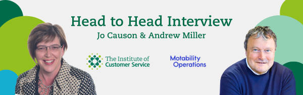 Jo Causon and Andrew Miller with multicoloured background and Motability Operations and The Insititute logos
