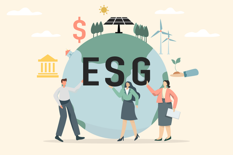 Illustration of earth with individuals standing in front of it pointing at the letters ESG