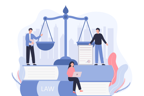 Illustration of scales on top of two blue books with people standing on top