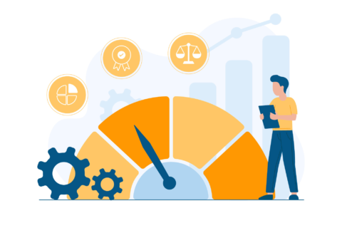 Illustration of individual standing next to a yellow and orange graph with icons