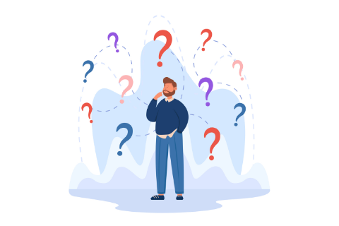Illustration of man surrounded by question marks