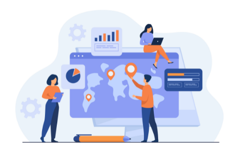 Illustration of a computer screen displaying a world map and individuals working on different graphs and charts