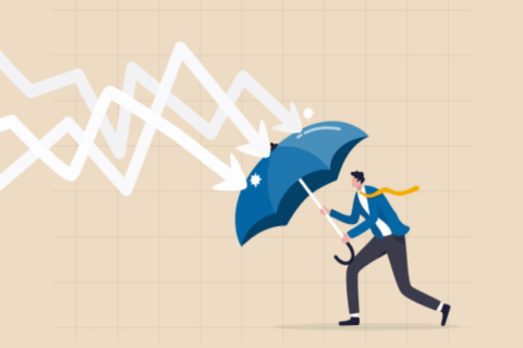 business resilient to survive difficulty or insurance concept, businessman holding umbrella to cover and protect from downturn arrow.