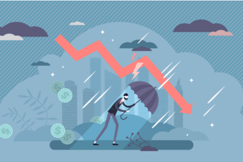 Recession financial storm concept, tiny business person vector illustration. World economy recession and global market collapse risk. Business bankruptcy loss challenges and stock market crash arrow.