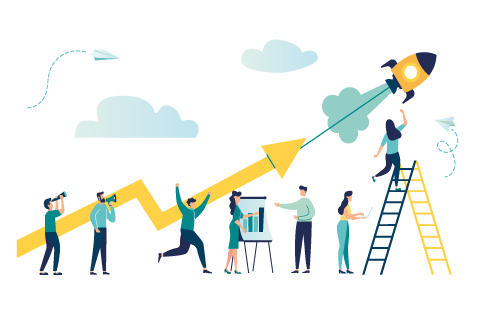 vector illustration a group of people characters are thinking over an idea. prepare a business project start up. rise of the career to success, flat color icons, business analysis vector