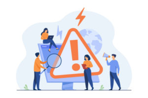 Tiny People Examining Operating System Error Warning On Web Page Isolated Flat Vector Illustration. Cartoon Mistake And Alert On Website. Computer Diagnostics And Digital Technology Concept