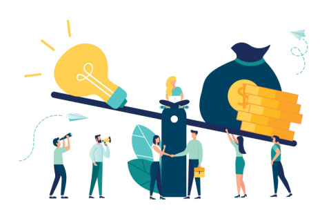 A vector illustration of groups of people who inject money into an idea on a swing and outweighs it, the concept of overweight, value, purchase