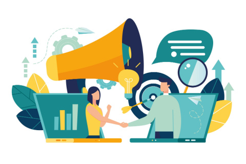 online conclusion of the transaction. the opening of a new startup. business handshake, via phone and laptop. vector illustration in a flat style investor holds money in ideas online. - Vector
