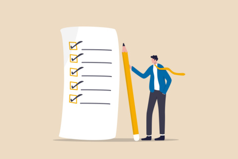 Checklist for work completion, review plan, business strategy or todo list for responsibility and achievement concept, confident businessman standing with pencil after completed all tasks checklist.