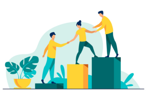Employees giving hands and helping colleagues to walk upstairs. Team giving support, growing together. Vector illustration for teamwork, mentorship, cooperation concept