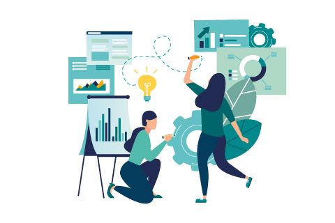vector illustration, online assistant at work. promotion in the network. manager at remote work, searching for new ideas solutions, working together in the company, brainstorming - Vector