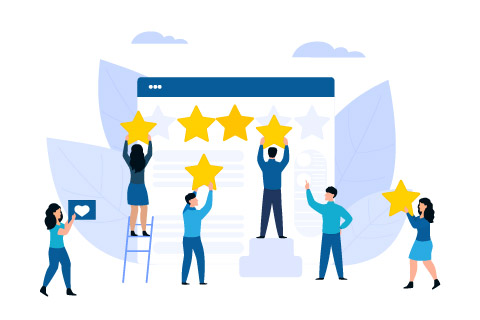 Customer feedback. Online review. Rating flat vector concept. Tiny people cling stars to the huge web page.