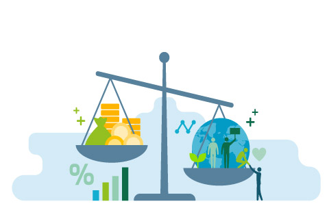 Scale with wealth and cash money on a plate and people, world, environment on the other; balancing business profits and human rights