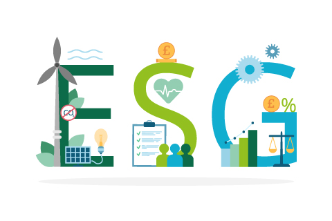 ESG Concept of Environmental, Social and Governance. A set of standards for companies. Capitalize letters with objects that reveal their meaning. Vector illustration isolated on white background.