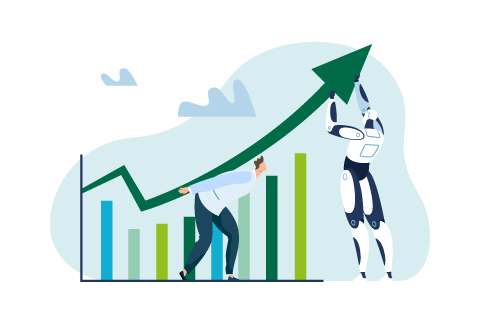 Ai growth, business robot success concept vector illustration. Businessman man character near progress technology, finance chart up. Automation innovation in work background, arrow up.