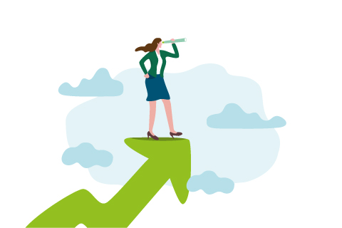 Woman leader with lady power business vision, woman visionary to see business opportunity concept, success businesswoman standing on top of rising arrow with telescope or spyglass to see future vision