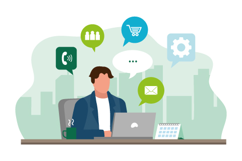 Customer support concept. Customer service, hotline operator advises client for web page, banner, presentation, social media. Online global technical support. Vector illustration.