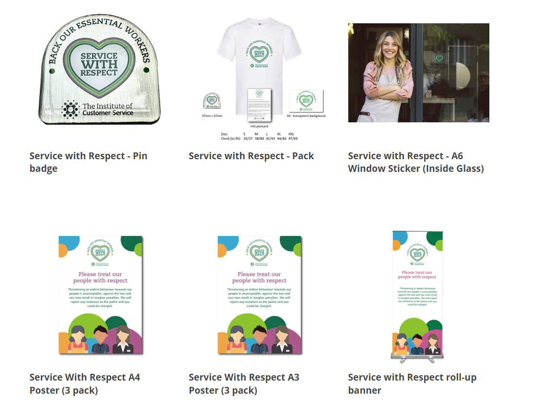 Screenshot of Service with Respect merchandise including pin badge, tshirt, stickers, posters and roll up banners