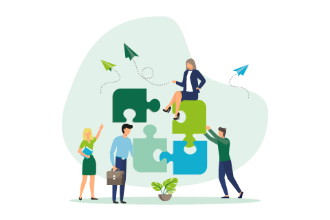 Business concept. Team metaphor. people connecting puzzle elements. Vector illustration flat design style. Symbol of teamwork, cooperation, partnership vector