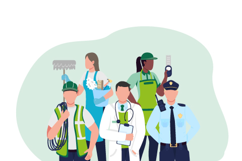 Essentials workers flat concept vector illustration. Courier, doctor in medical face mask.