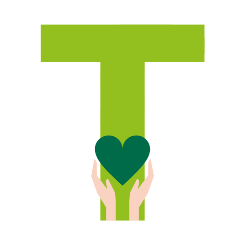 T for National Customer Service Week. Green heart in centre of T with 2 hands