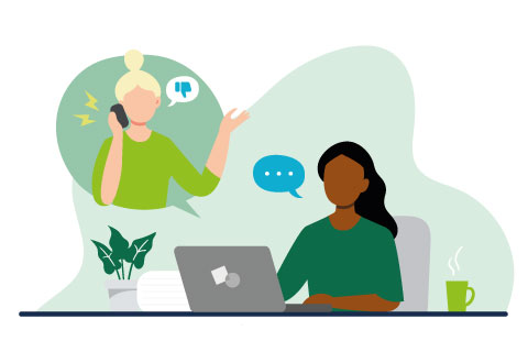 A woman from a call center can not dealing with a customer problem. Online global technical support 24 7. Customer support department staff, telemarketing agents. Vector flat illustration.