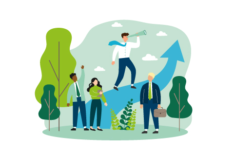 Group leader with spyglass looking far away. Business team standing near increase chart. Vector illustration for leadership, challenge, training, planning concept