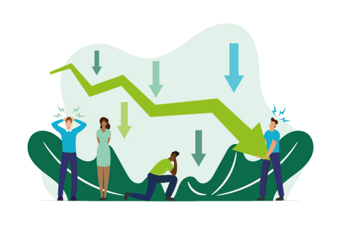 Financial Crisis, Economic Recession Fail during Covid 19 Pandemic. Sad Business People Characters around Decline Arrow Chart, Falling Down Graph. Cartoon Vector Illustration