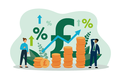 Tiny people standing near piles of coins with growth arrow flat vector illustration. Cartoon metaphor of price increase process in percentage. Economy and money value recession concept