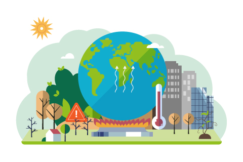 Climate change cycle as dried or dry cracked land suffering from drought. Industries create pollution and cities that affected by pollution. Metaphor climate change, global warming and water crisis