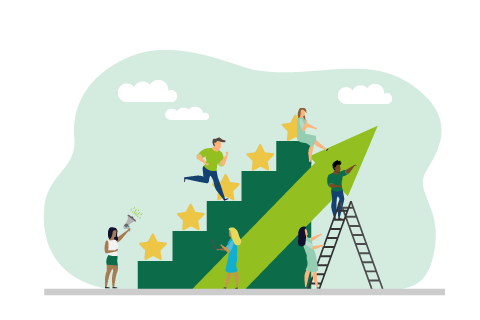 Man and woman vector business reward satisfaction employee. Feedback graphic illustration leader competition. Steps stars feedback work concept. Job motivation company evaluation good value rating