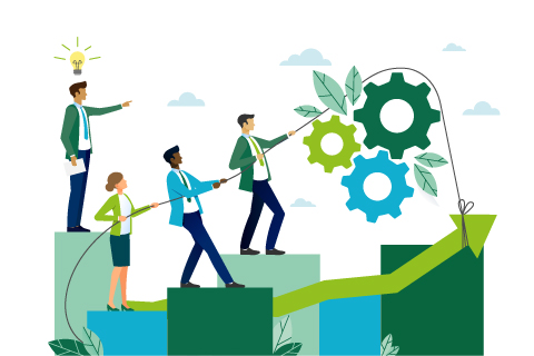 Business team walking to success. Male leader showing way to future success. Mutual support and assistance in work. Concept of teamwork in business company. Vector colorful illustration.