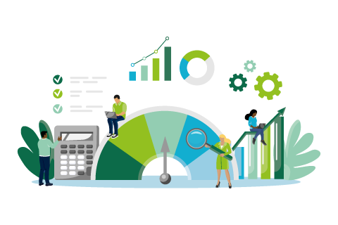 Benchmarking. Compare Quality With Competitor Companies. Performance, Quality, Cost Comparison. Development Strategy. People Standing Near Indicator Improves Company Productivity And Increases Profits