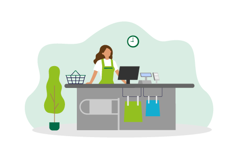 Supermarket female cashier working at checkout. Cash register worker standing at counter, waiting customers. Vector illustration for shopping, job, buying food concept