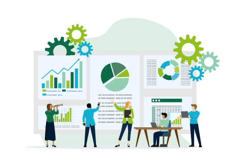 statistical chart analysis concept and big data. business vector illustration, office workers studying infographics, scale evolution analysis. flat vector illustration on a white background.