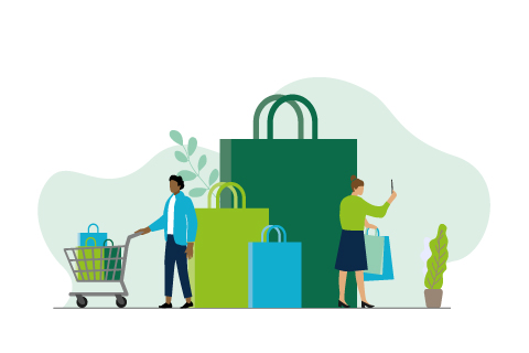 Couple make shopping concept. Man and woman having bags with purchases, male character with cart, buying products online using smartphone, virtual customers on sale vector illustration