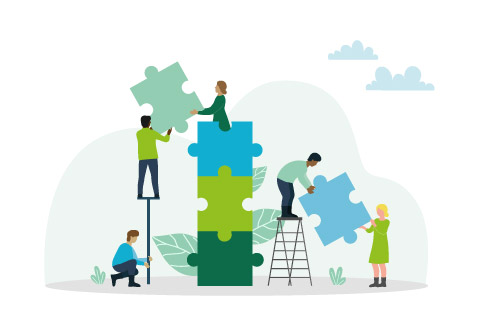 Team of tiny volunteers holding puzzle pieces with hearts and help word in hands, people connect jigsaw flat vector illustration. Charity process, social organization. Love, tolerance, hope concept.