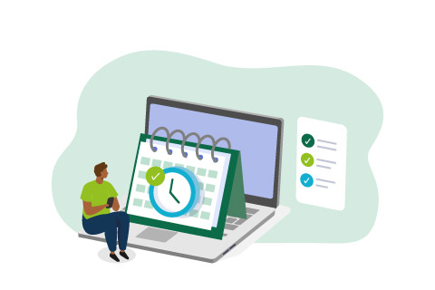 Schedule management illustration set. Characters creating schedule plan, check list and milestones calendar to completing work tasks. Business and organization concept. Vector illustration.