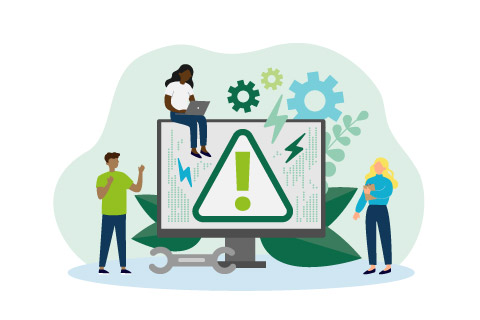 System error concept. Upset tiny people standing at computer with warning symbol on monitor. Vector illustration for page not found or computer breakdown topics