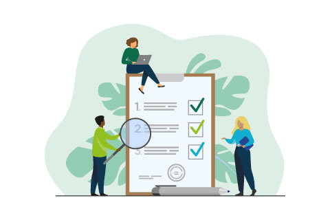 Business people studying list of rules, reading guidance, making checklist. Vector illustration for company order, restrictions, law, regulations concept