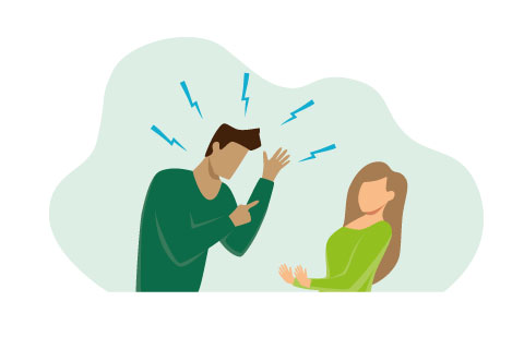 Angry, arguing couple of people shouting vector illustration. Man and woman shouting blaming each other of problem. Man and woman quarreling, fighting concept.