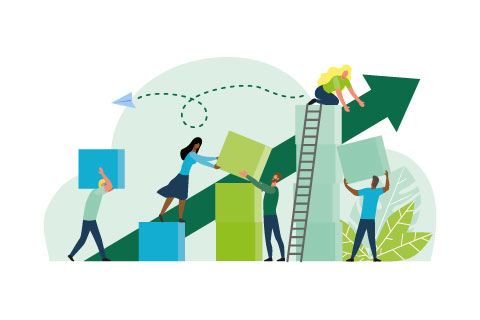 Composition with group of multiracial employees, managers or office workers moving boxes to assemble towers. Concept of teamwork, team building and building successful business. Vector illustration.