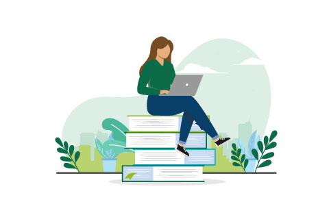 Adult woman studying - Female person sitting on books with laptop computer, reading and studying. Flat design vector illustration with white background