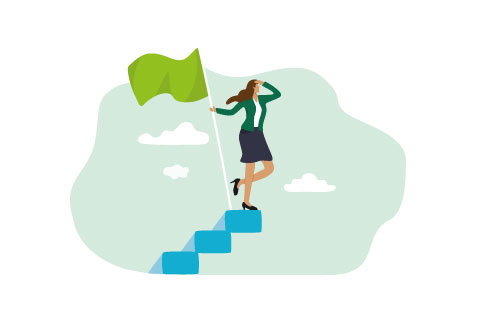 Success fearless female entrepreneur, woman leadership or challenge and achievement concept, success businesswoman on top of career staircase holding winning flag looking for future visionary.