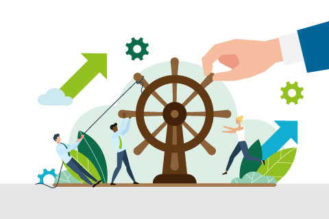 The boss and employees turn the wheel. The concept of cooperation, confrontation, balance. Company management. Business conference. Boss and employees discussing project. Flat vector illustration.