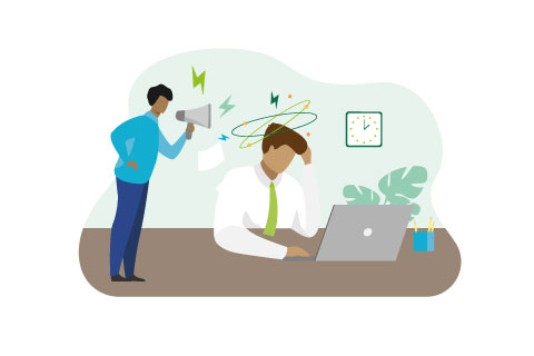 Furious boss with megaphone shouting at frustrated employee. Exhausted office worker feeling headache, anxiety and burnout. Vector illustration for stress or conflict at work, stressful job concept