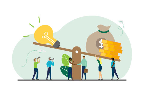 Vector illustration of groups of people who inject money into an idea on a swing and outweighs it, the concept of overweight, value, purchase