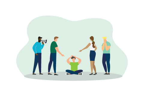 Vector illustration, the problem of bullying, a man sits on the floor surrounded by people mocking him.
