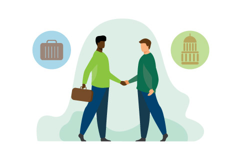 Public and private sectors partnership vector illustration. Male characters shaking hands, agreeing on long term contract. Participation of private sector, business, finance concept